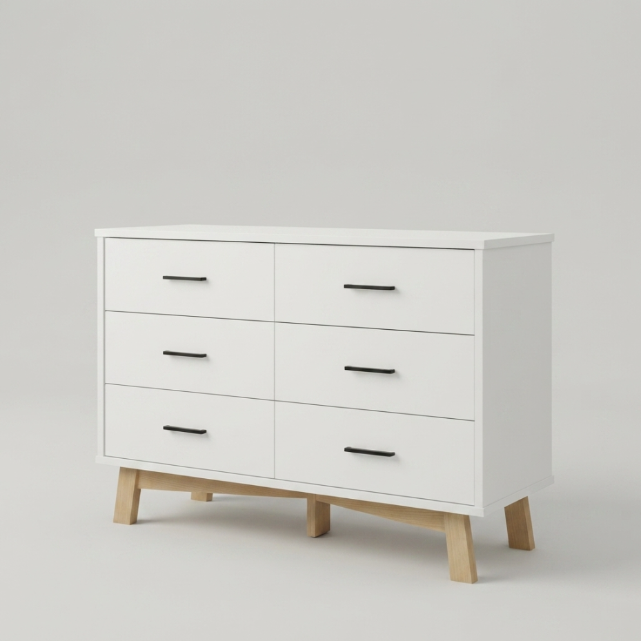White 6-drawer dresser, angled studio shot