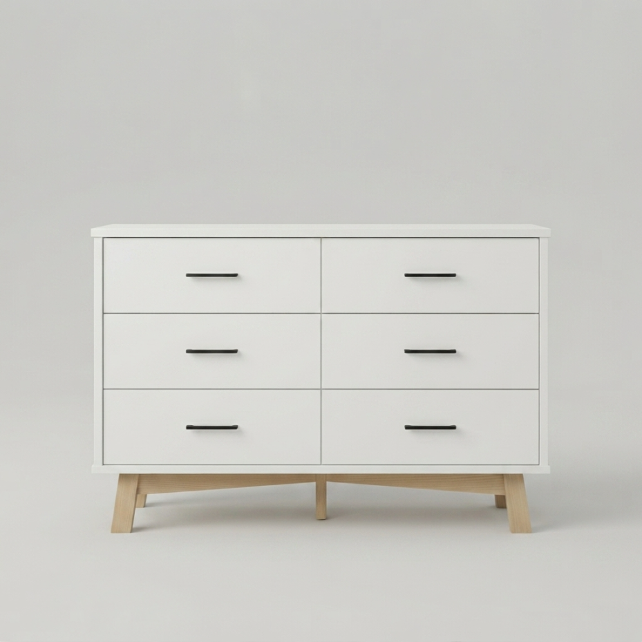 White 6-drawer dresser, front studio shot