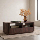 Fluted Walnut Coffee Table, Shelf & Drawer