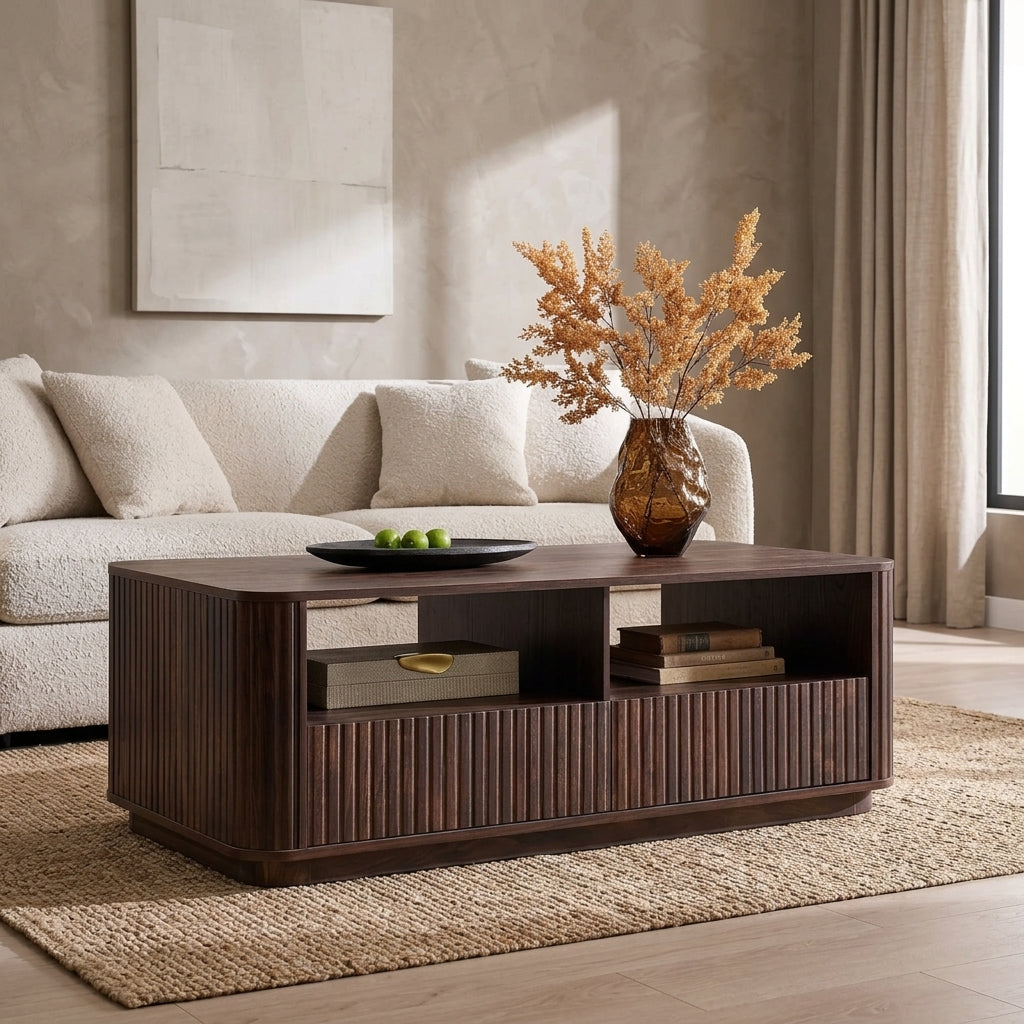 Fluted Walnut Coffee Table, Shelf & Drawer