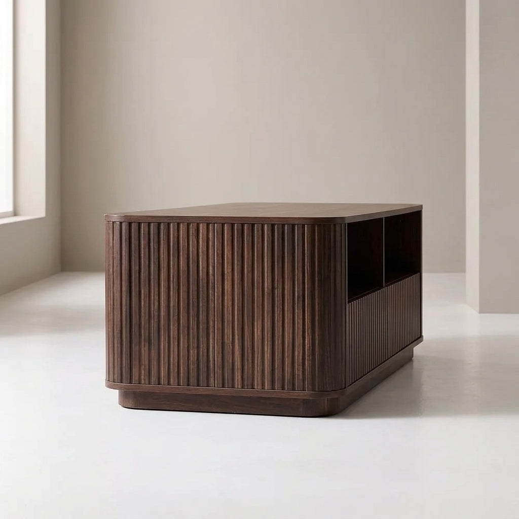 Fluted Walnut Coffee Table, Shelf & Drawer