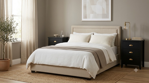 Two black three-drawer charging nightstands shown flanking a bed as a matching pair
