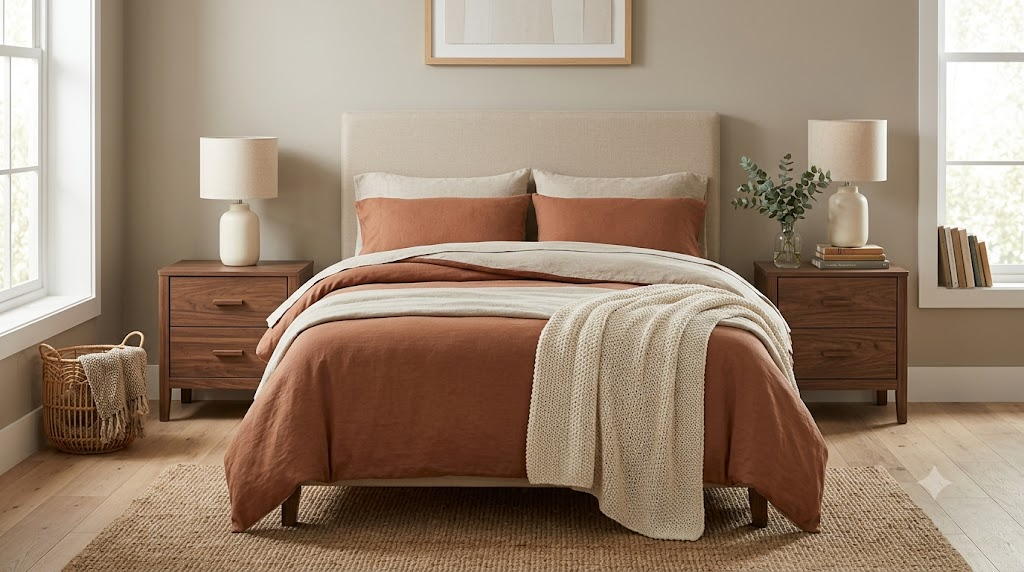 Two walnut nightstands shown flanking a bed as a matching pair
