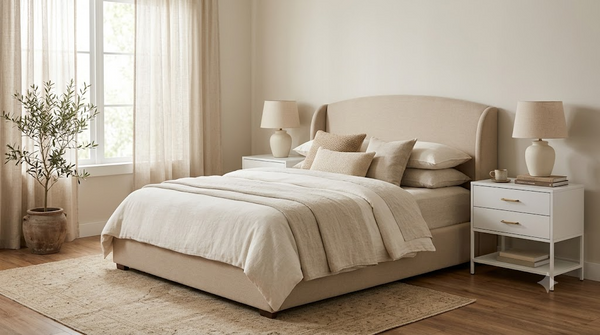 Two white metal-frame nightstands shown flanking a bed as a matching pair